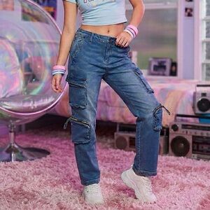 LOVE TRENDS Denim Cargo Jeans Blue Multi Pocket Zipper Utility Pants Y2K Style